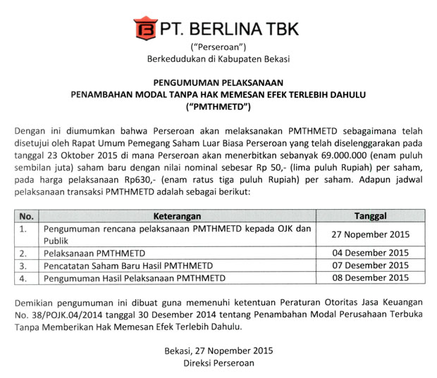 Pengumuman Pelaksanaan Penambahan Modal Tanpa Hak Memesan Efek Terlebih Dahulu ("PMTHMETD")