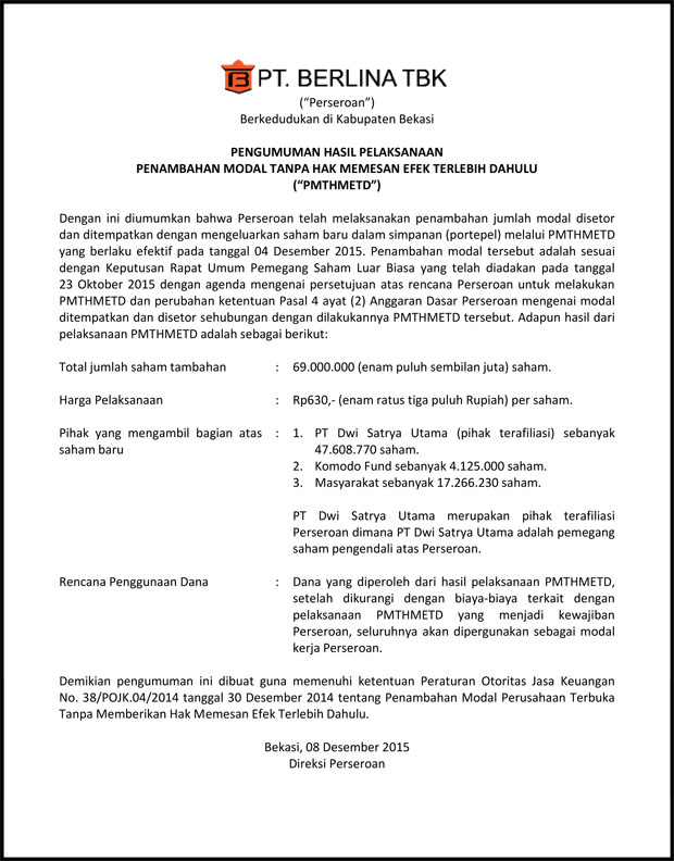 BRNA – Pengumuman Hasil Pelaksanaan PMTHMETD – 4 Desember 2015