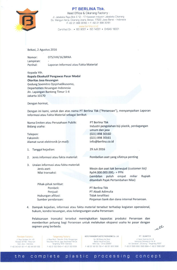 BRNA – Pembelian Mesin dan Aset Tak Berwujud (Customer List) – 29 Juli 2016