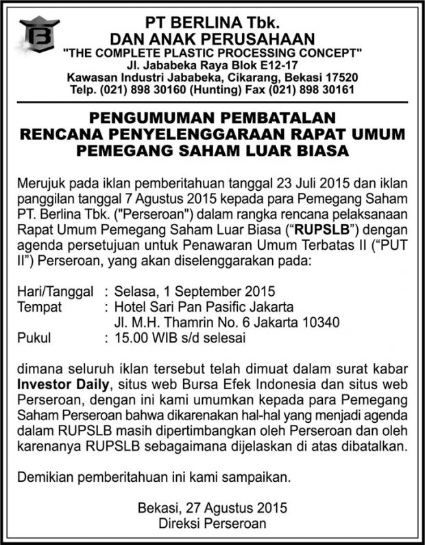 Pengumuman Pembatalan Rencana Penyelenggaraan Rapat Umum Pemegang Saham Luar Biasa