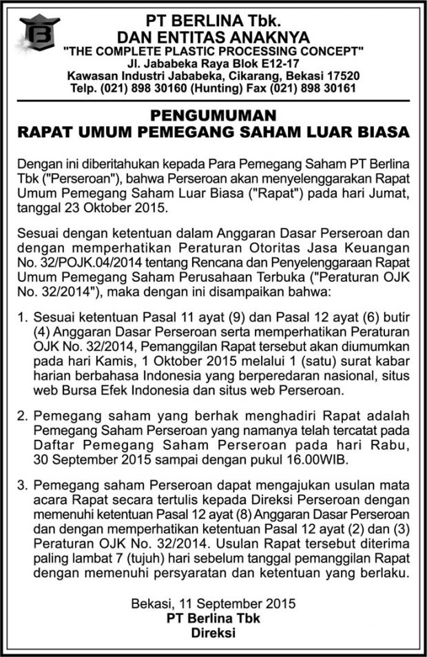 Pengumuman Pemanggilan Rapat Umum Pemegang Saham Luar Biasa (23 Okt 2015)