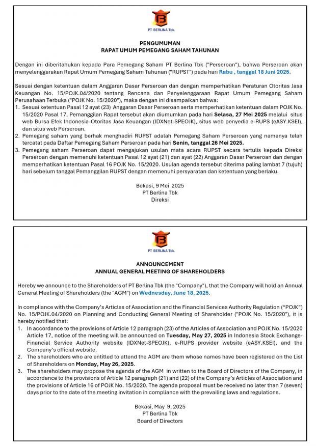 BRNA – Pemberitahuan Rapat Umum Pemegang Saham Tahunan PT Berlina Tbk – 18 Juni 2025