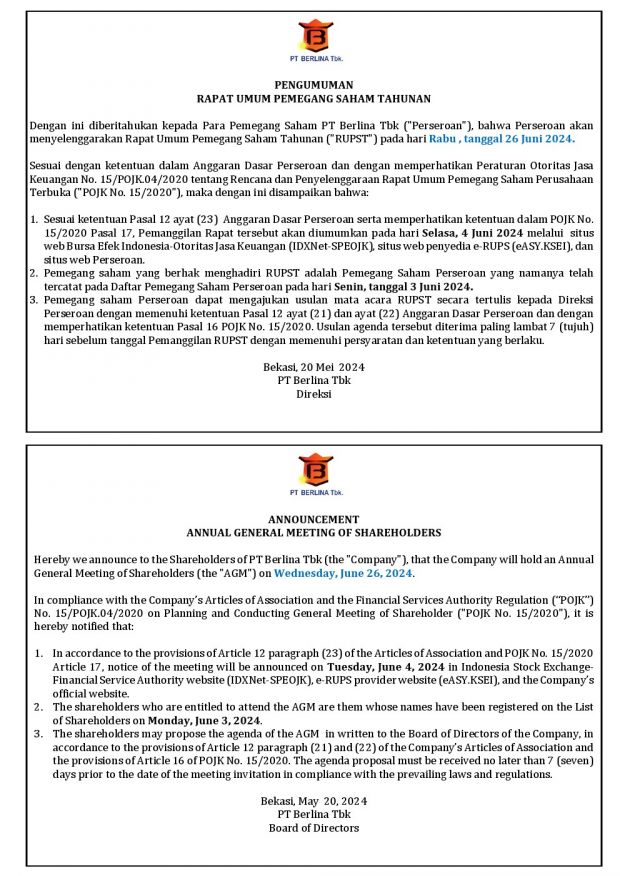 BRNA – Pemberitahuan Rapat Umum Pemegang Saham Tahunan 26 Juni 2024