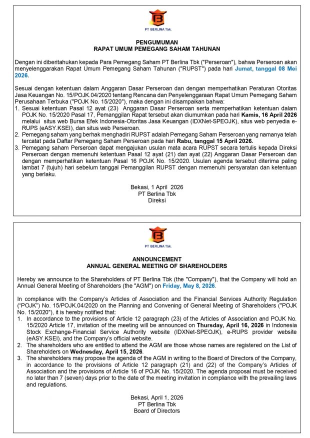 BRNA – Pemberitahuan Rapat Umum Pemegang Saham Tahunan PT Berlina Tbk – 8 Mei 2026