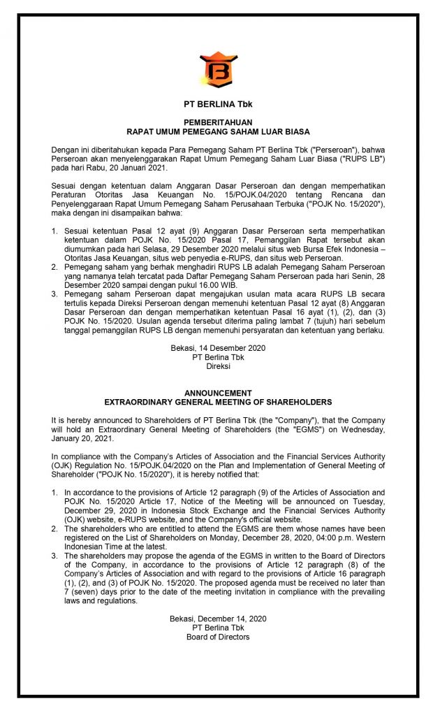 Pemberitahuan Rapat Umum Pemegang Saham Luar Biasa PT Berlina Tbk  20 Jan 2021