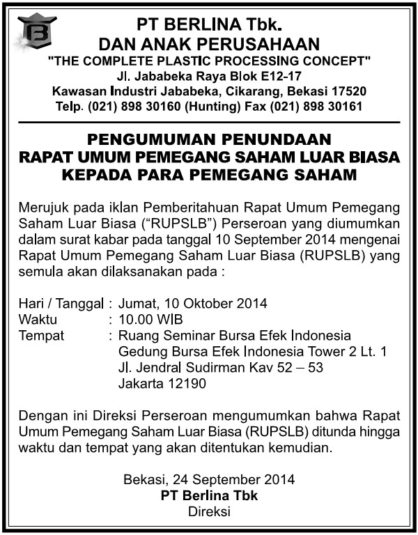 Pengumuman Penundaan Rapat Umum Pemegang Saham Luar Biasa