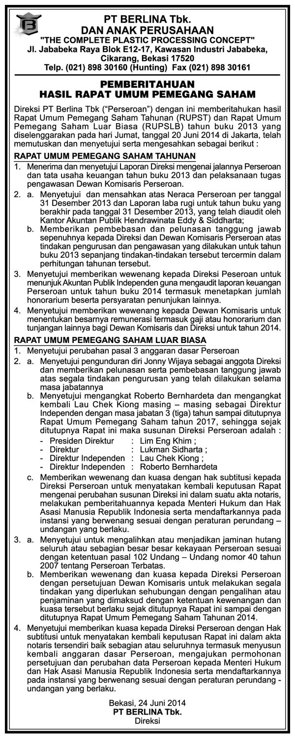 Pemberitahuan Hasil Rapat Umum Pemegang Saham