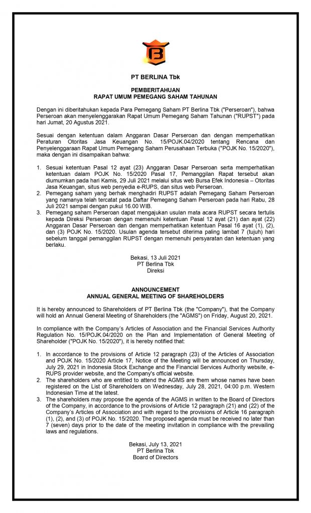 Pemberitahuan Rapat Umum Pemegang Saham Tahunan PT Berlina Tbk 20 Agustus 2021