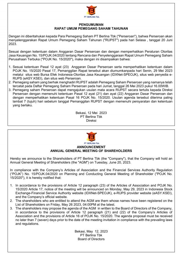 Pemberitahuan Rapat Umum Pemegang Saham Tahunan PT Berlina Tbk – 20 Juni 2023